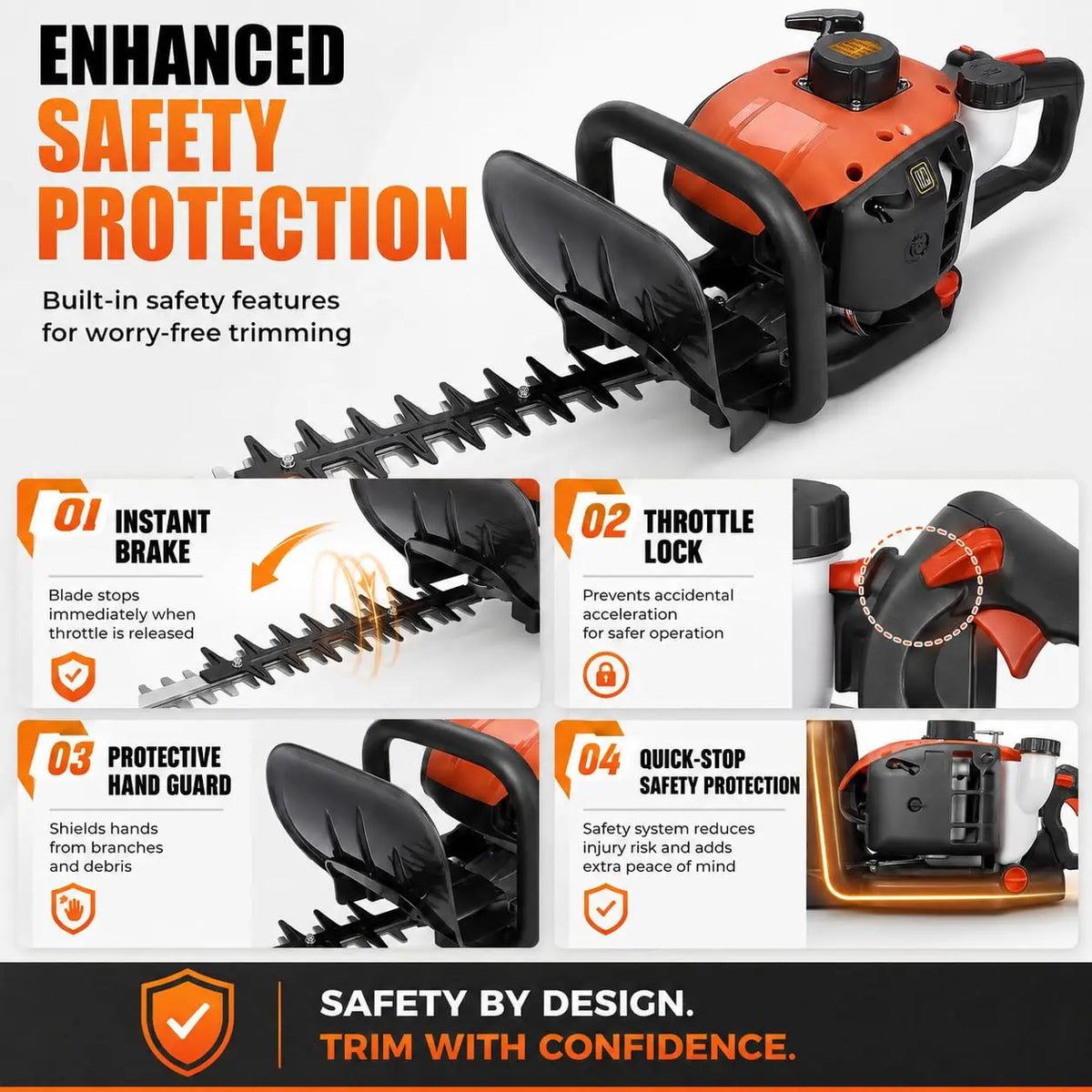 26CC Gas Hedge Trimmer 24 Inch Dual Action Blade Long Reach Cordless 2 Cycle Engine For Bushes Shrubs Branches Yard Garden Care