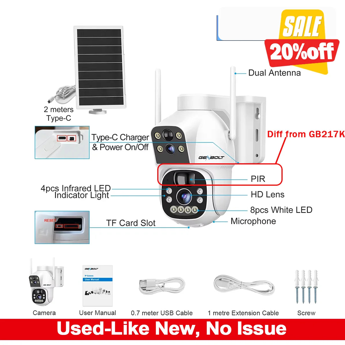 GENBOLT Outdoor Solar Security Wireless Camera 355 Degree Night Vision 15600mAh