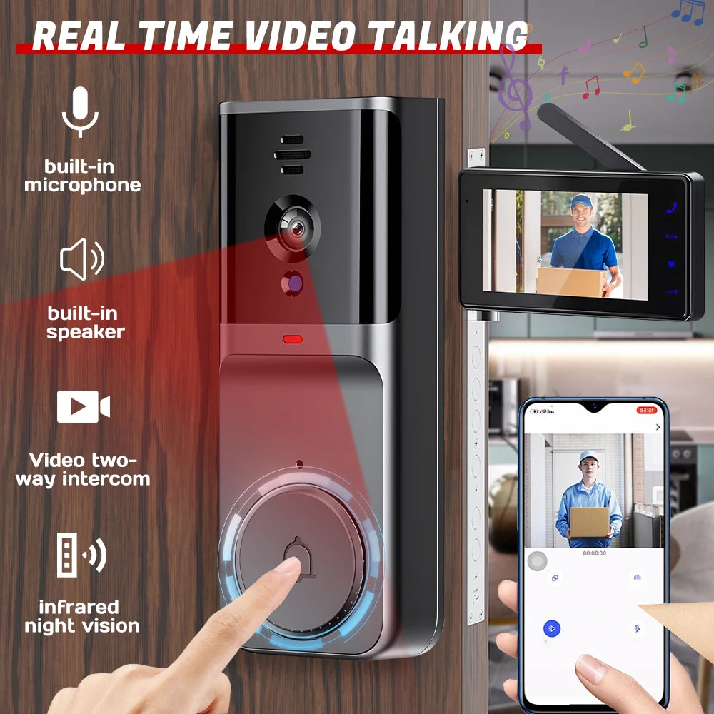 4.3" HD IPS Screen Wireless Visual Intercom Doorbell, 2.4G Smart Video Doorbell Camera 2-Way Talk Audio, Clear Night Vision Low Consumption Long Standby No WiFi Needed Household Home Security Monitoring System