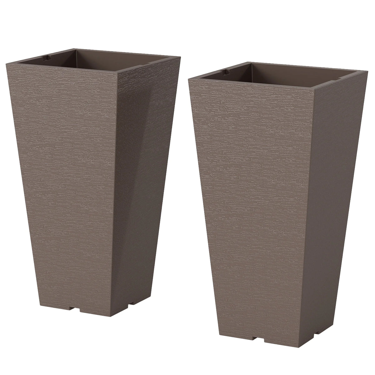 23 Inch Tall Planters, Set of 2 Tapered Outdoor Planters, Brown