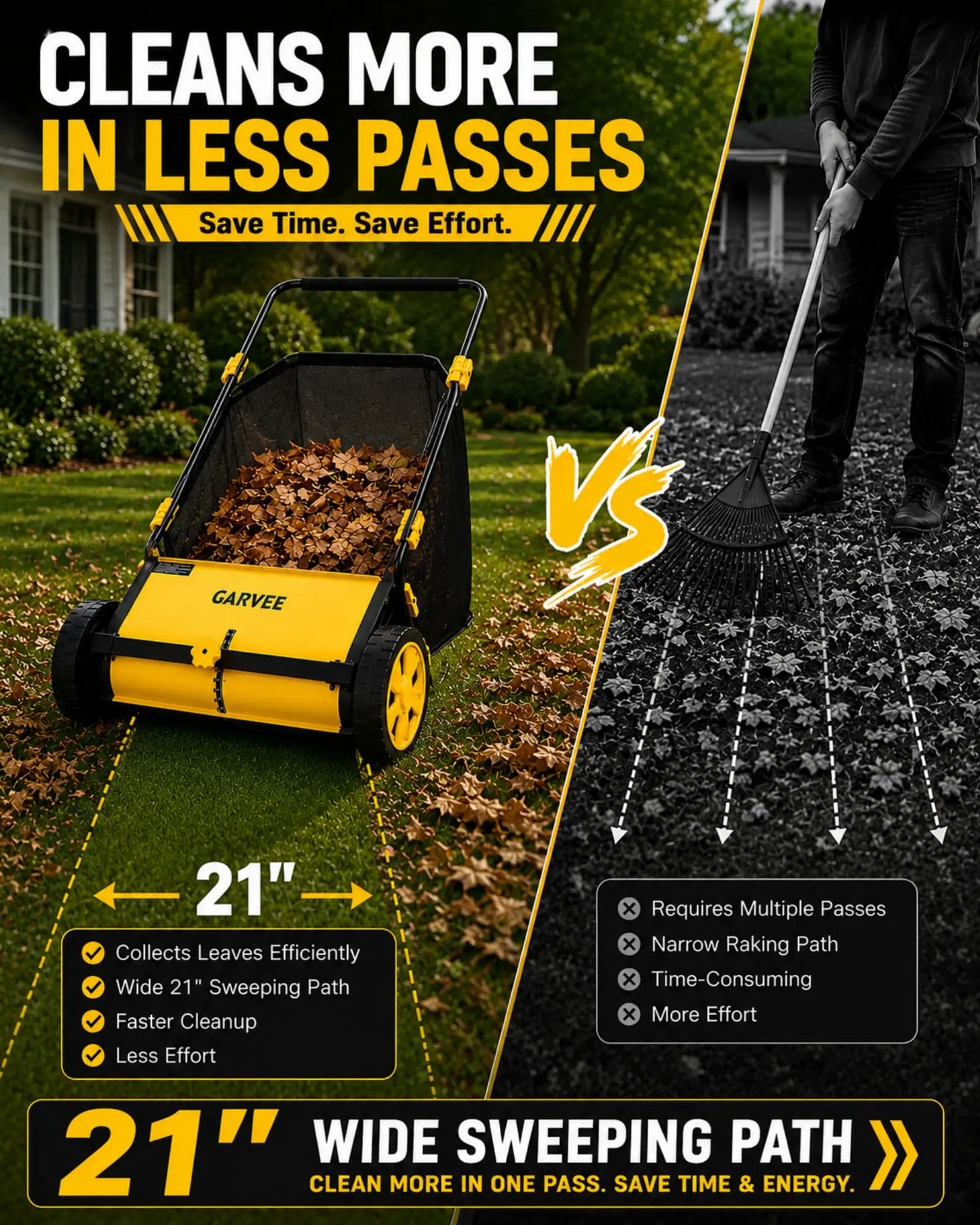 HiMISS Manual Push Lawn Sweeper With Mesh Bag For Leaves