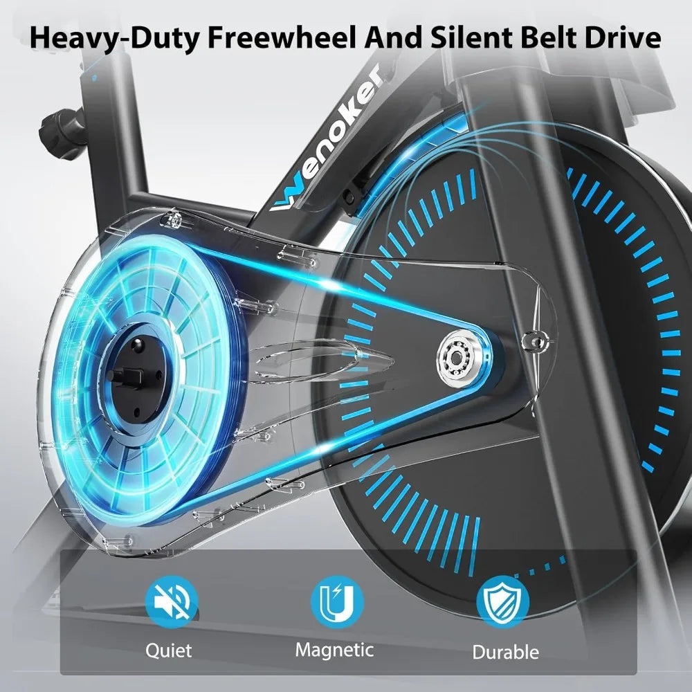 Exercise Bike, Magnetic Stationary Bike for Home with App Sync, Adjustable Seat and Handlebar, Transport Wheels, Fitness Courses for Weight Loss