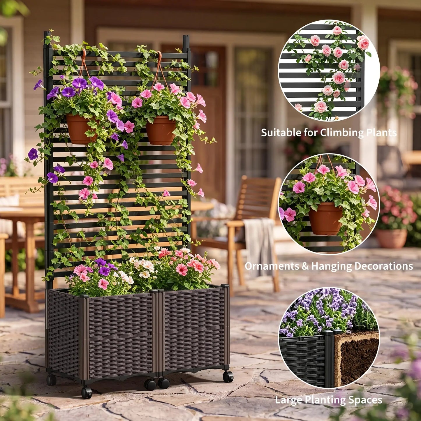 HiMISS Outdoor Planter Box With Trellis Wheels Privacy Screen