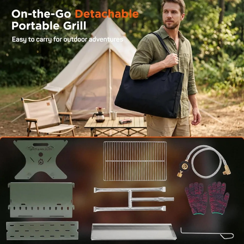 Portable Camping Grill 3 In 1 Charcoal Wood Gas Stainless Steel Carry Bag