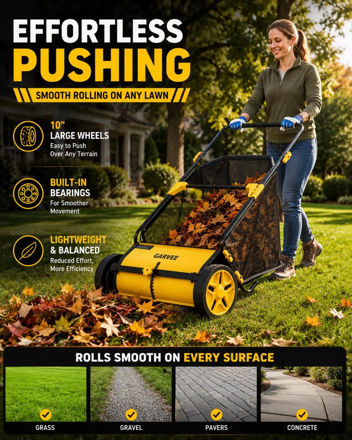 HiMISS Manual Push Lawn Sweeper With Mesh Bag For Leaves