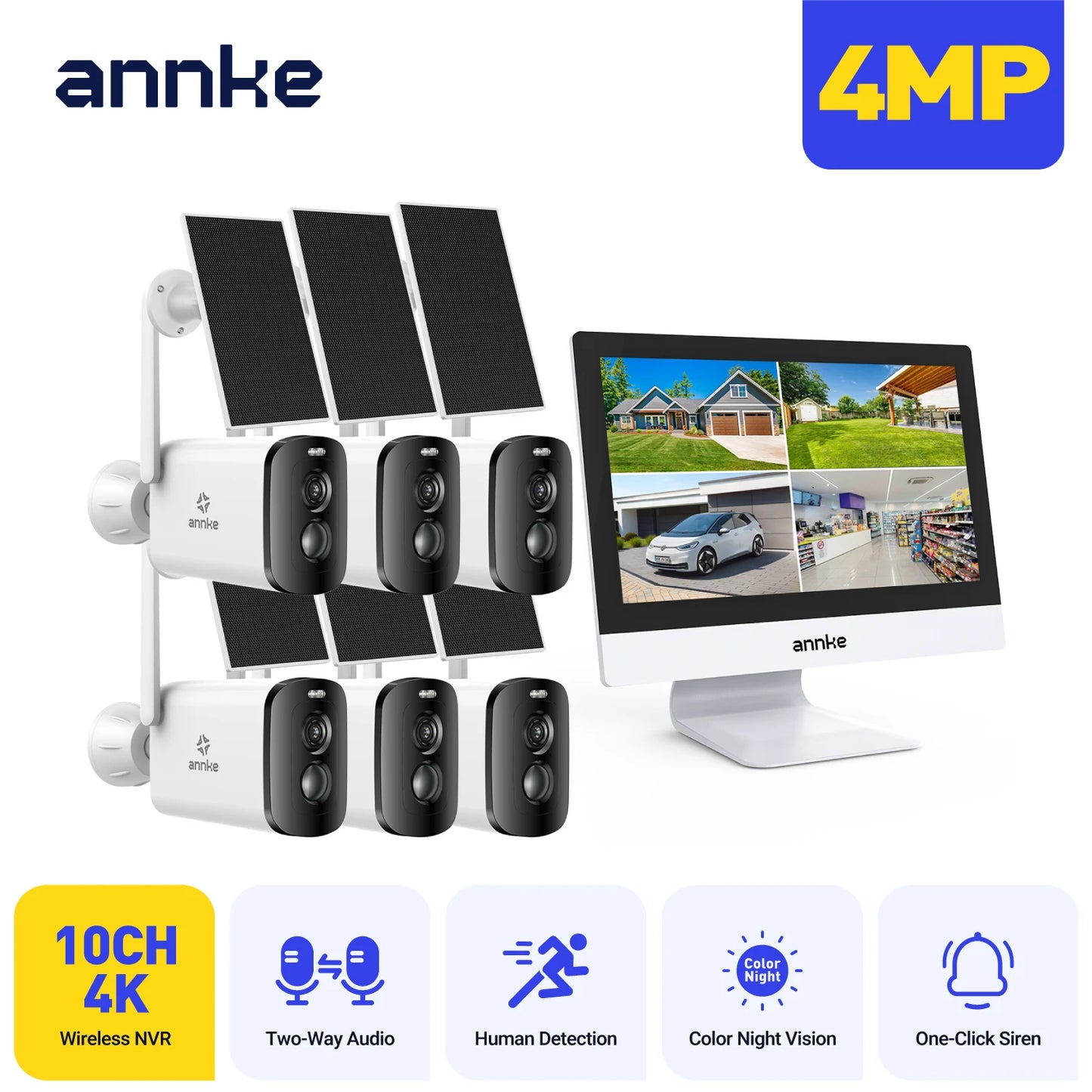 Annke 4MP solar security cameras 10CH 12 in LCD 2.4G 5.8G PTZ wifi security cameras PIR color night vision camera security wifi
