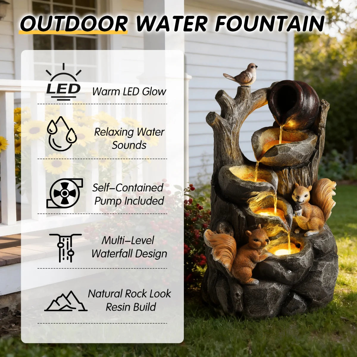 Squirrel Outdoor Water Fountain with Lights Waterfall Garden Decor Resin Tree Stump Pouring Jug for Patio Yard Porch   WL RR