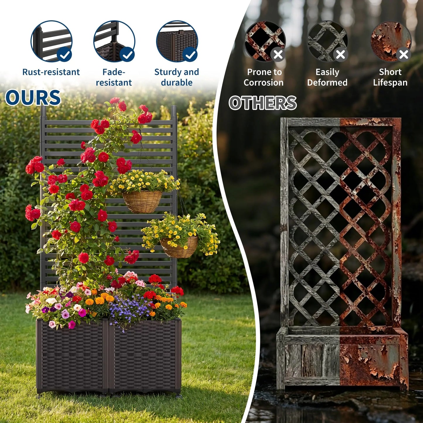 HiMISS Outdoor Planter Box With Trellis Wheels Privacy Screen