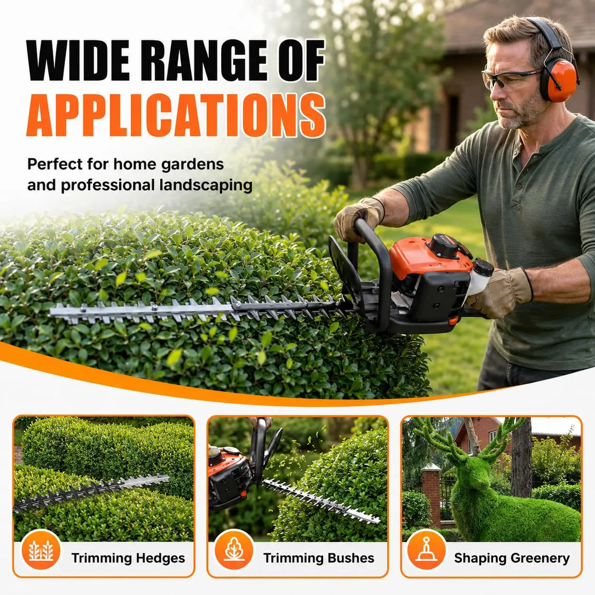 26CC Gas Hedge Trimmer 24 Inch Dual Action Blade Long Reach Cordless 2 Cycle Engine For Bushes Shrubs Branches Yard Garden Care