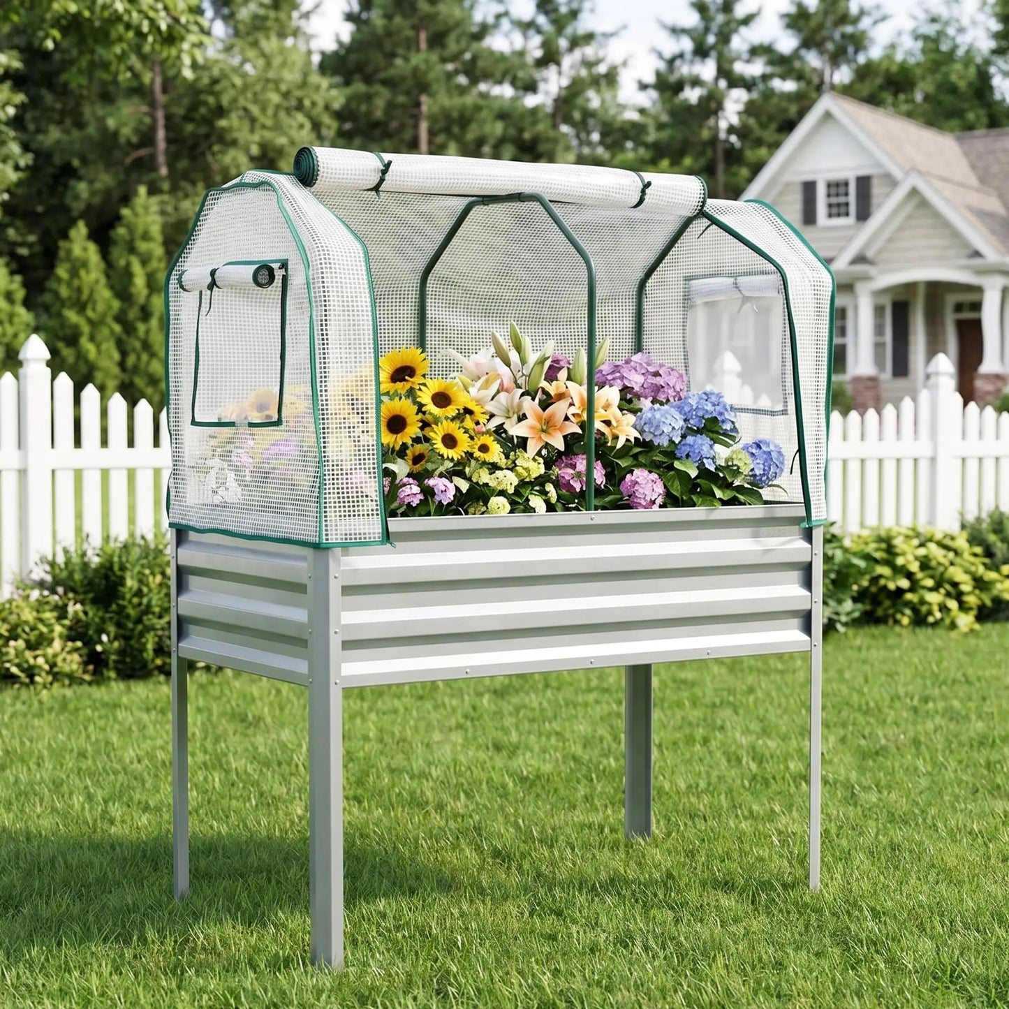 HiMISS Galvanized Metal Raised Garden Bed With Greenhouse Cover