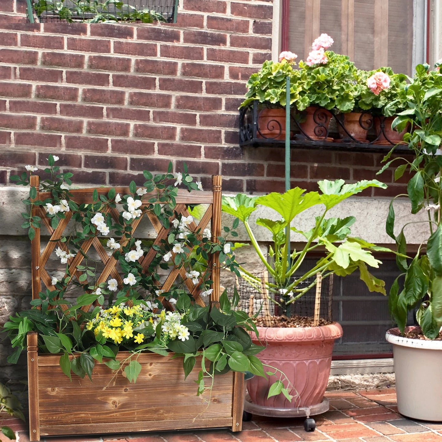 Raised Wooden Garden Bed With Trellis For Vegetable Plants