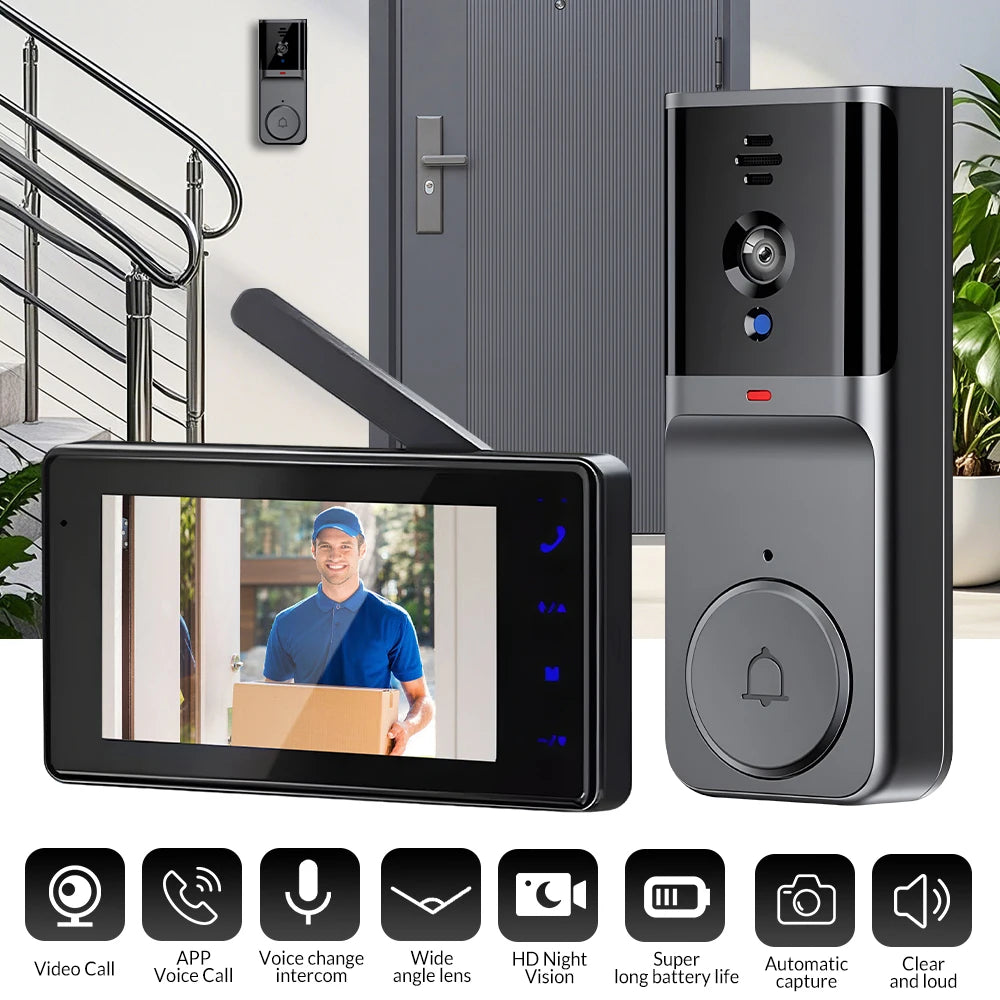4.3" HD IPS Screen Wireless Visual Intercom Doorbell, 2.4G Smart Video Doorbell Camera 2-Way Talk Audio, Clear Night Vision Low Consumption Long Standby No WiFi Needed Household Home Security Monitoring System
