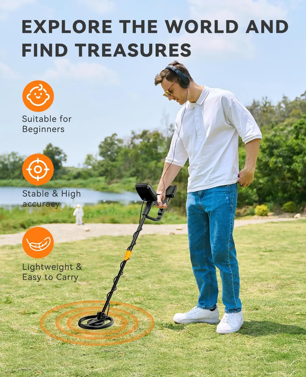 SUNPOW Metal Detector for Adults & Kids, 8"  IP68 Waterproof Coil, 4 Detection Modes Large LCD, Lightweight CE Certified for Family Outdoor Gold Treasure Hunting, MD13