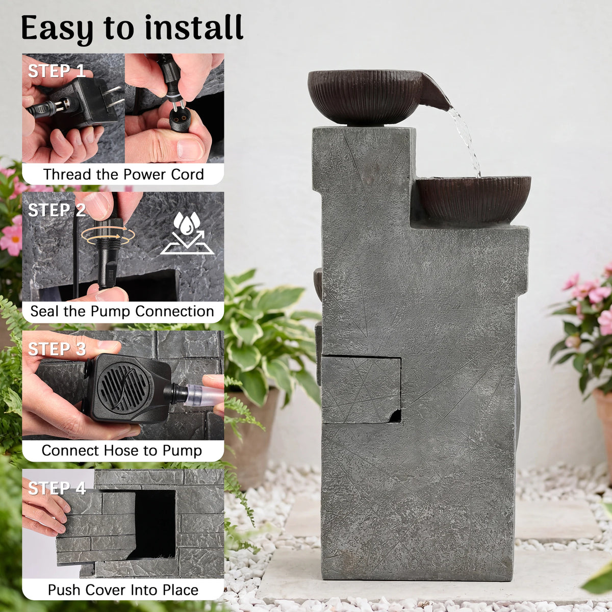 Plugin Powered 4-Tier Cascading Water Fountain with LED Lights, 14.8''W X 14.4''D X 31.5''H, Modern Stone & Bowl Resin Water Feature, Adjustable Flow Pump, Weather-Resistant for Patio, Backyard & Garden Decor