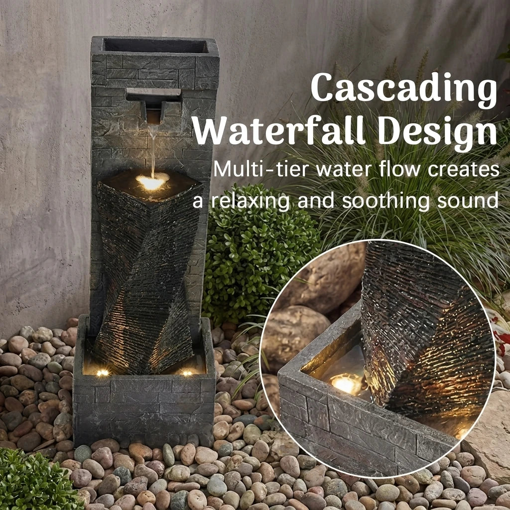 Outdoor Cascading Water Fountain with LED Lights, 14.2''W X 11.8''D X 39.4''H, 2-Tier Cascading Waterfall Feature with Adjustable Flow Pump for Patio, Backyard & Garden