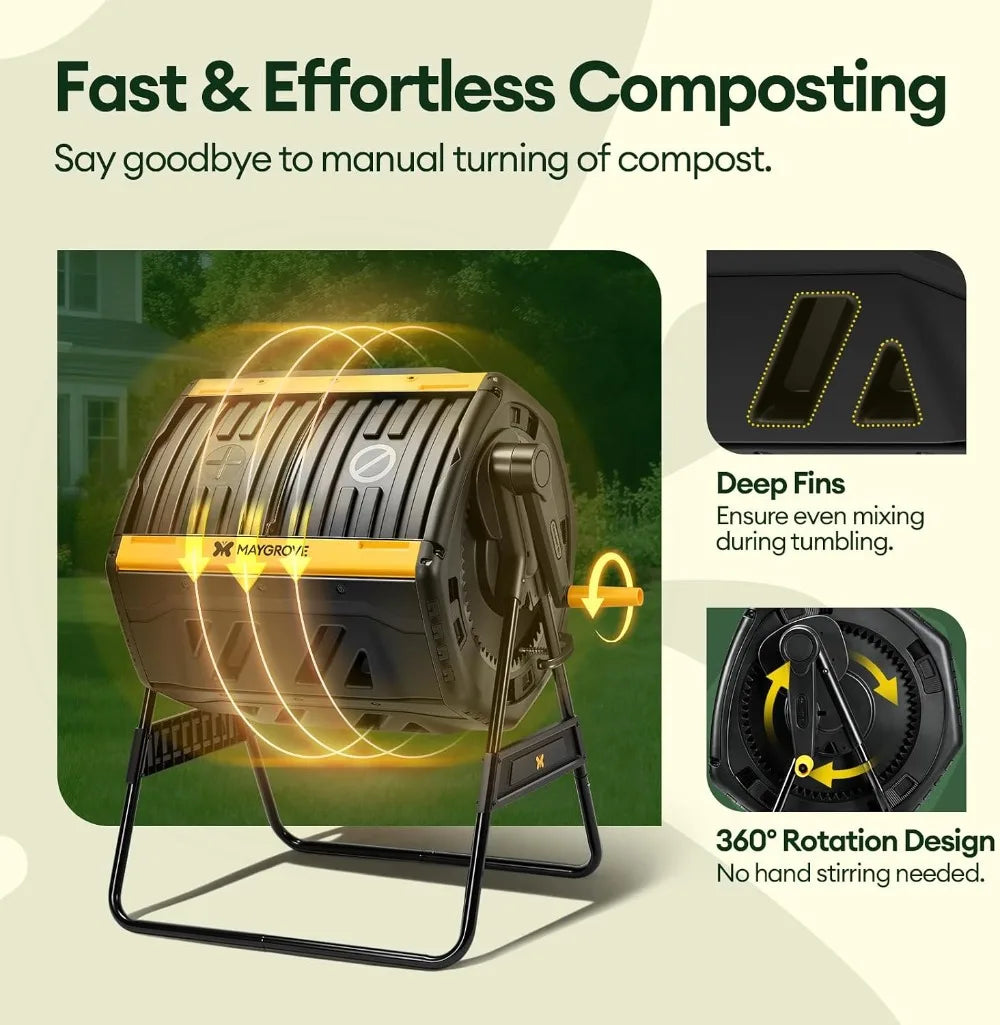 Dual Chamber Compost Tumbler With 360 Degree Rotation Sliding Doors