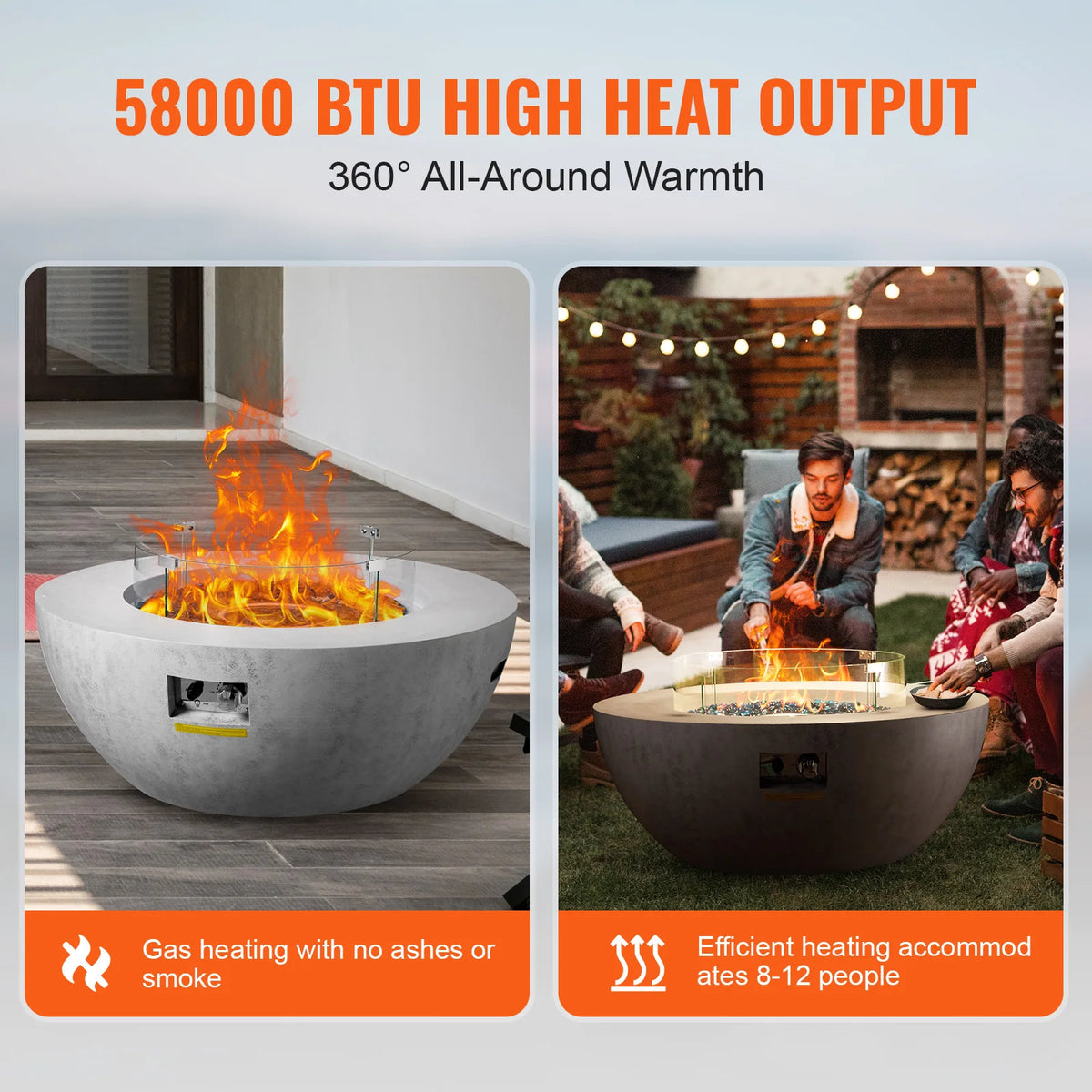 VEVOR Propane Fire Pit Outdoor Concrete Gas Fire Pit 39" Tabletop Lava Rocks Lid Rain Cover Adjust Flame Height 50000 BTU