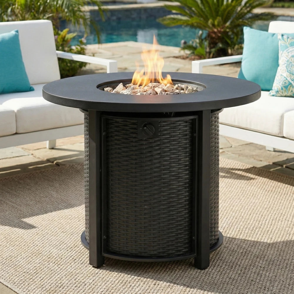 30 Inch Propane Gas Fire Pit Table, Black Round Steel Outdoor Fire Pit with 50000 BTU Heat Output, 30 by 30 by 24 Inch Size, 44 Pound Weight, Steel Structure, Package 32 by 32 by 11 and Patio Deck Garden Courtyard Use for Out
