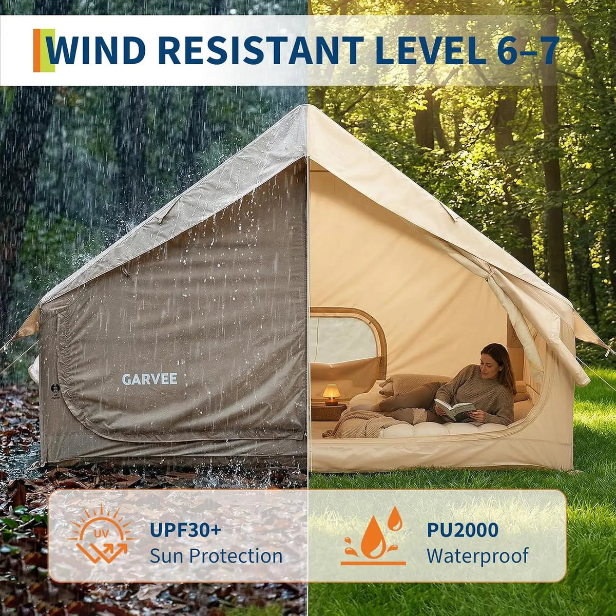Inflatable Camping Tent 4 Person 4 Season Waterproof Family Air Tent with Hand Pump 5 Min Setup Stove Jack Mesh Windows Skylight 210D Oxford Fabric 63 Sq Ft Floor Portable for Hiking Fishing Beach Fall Winter