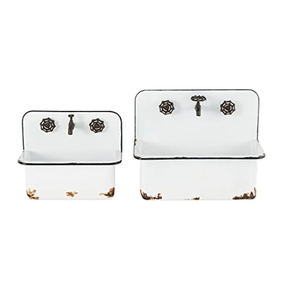 Indoor Outdoor Wall Planter Set Of 2, Metal With Bronze Hardware And Distressed Accents, White, 17 H X 13 W