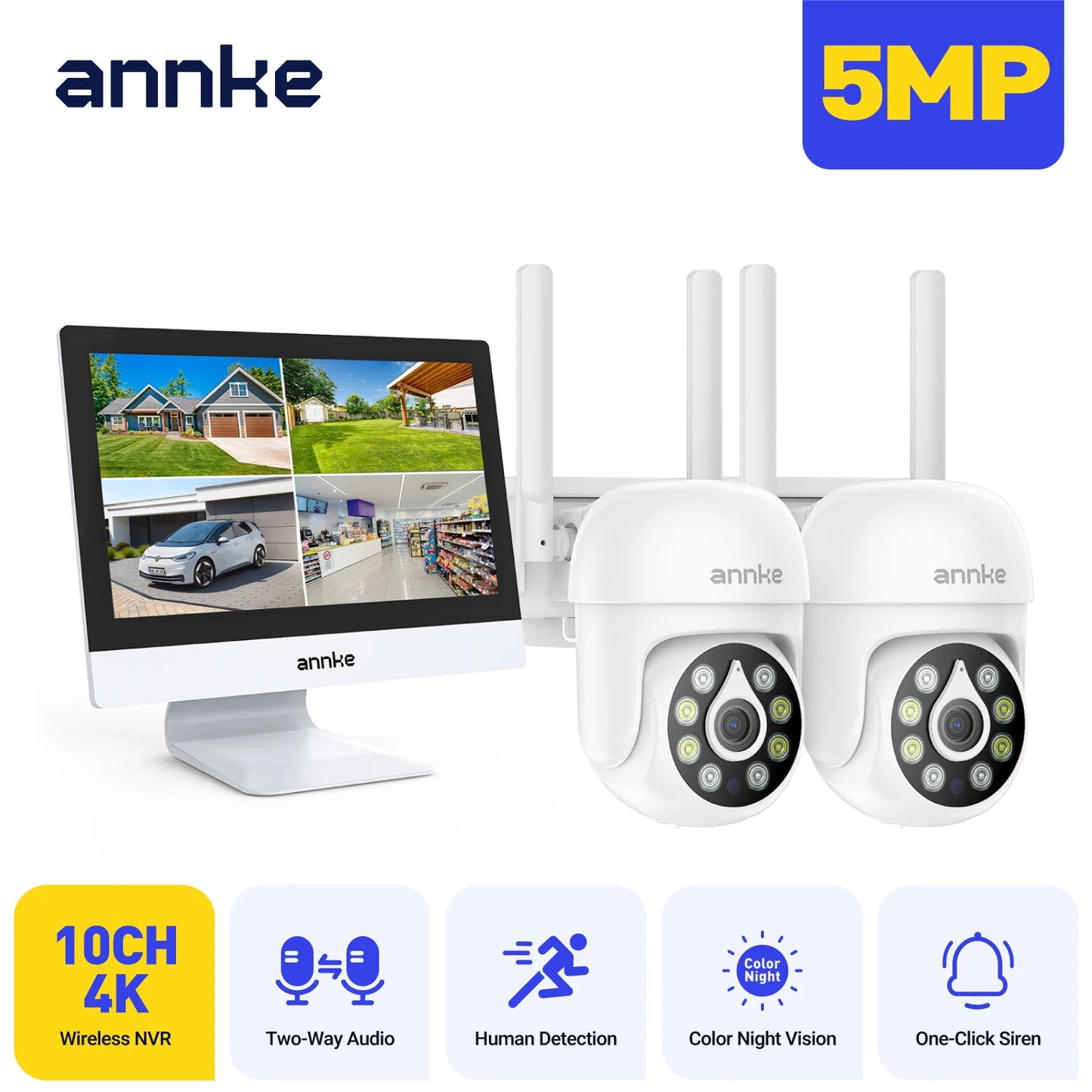 Annke 4MP solar security cameras 10CH 12 in LCD 2.4G 5.8G PTZ wifi security cameras PIR color night vision camera security wifi