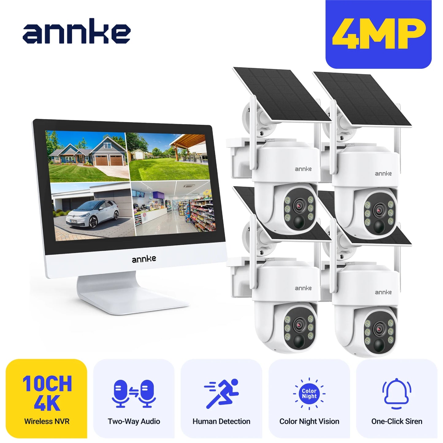Annke 4MP solar security cameras 10CH 12 in LCD 2.4G 5.8G PTZ wifi security cameras PIR color night vision camera security wifi