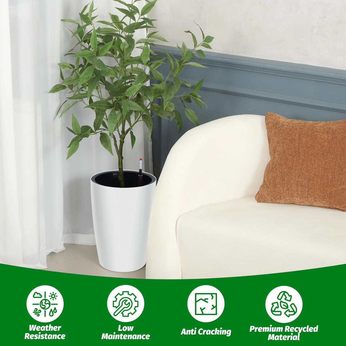 Set of 2 Tall Self Watering Planters – 15.7"/22.5" Large Indoor/Outdoor Flower Pots – Modern Design with Built-in Drainage & Water Level Monitor – Perfect for Patio, Porch, Living Room, Office