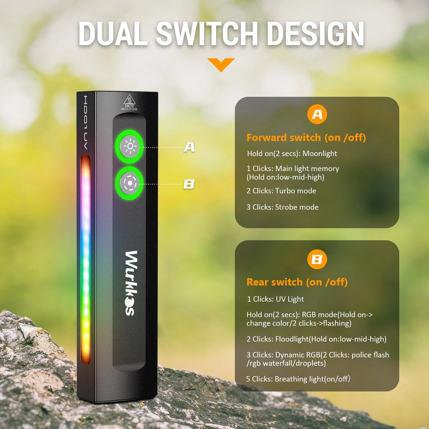 Wurkkos HD01 UV Multifunctional EDC Flashlight 1200 LM with 365nm UV Light White Flood 90CRI LED Side RGB Lights IP65 Waterproof