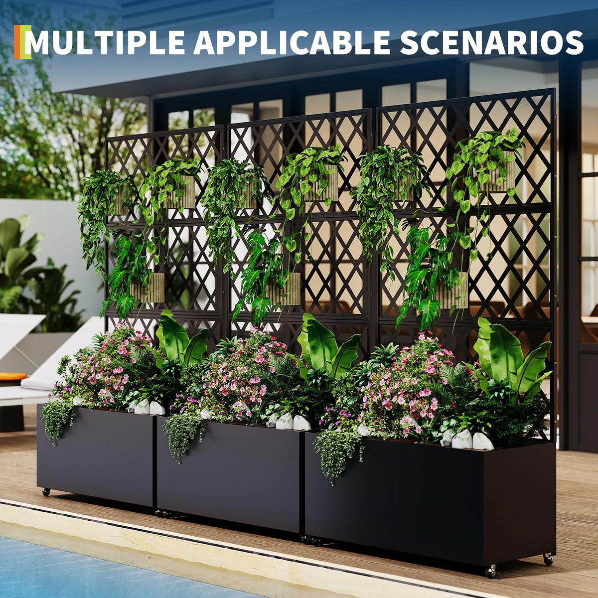 Galvanized Steel Raised Garden Bed With Trellis Privacy Screen, Locking Wheels & Drainage, Rolling Planter For Patio Deck Yard