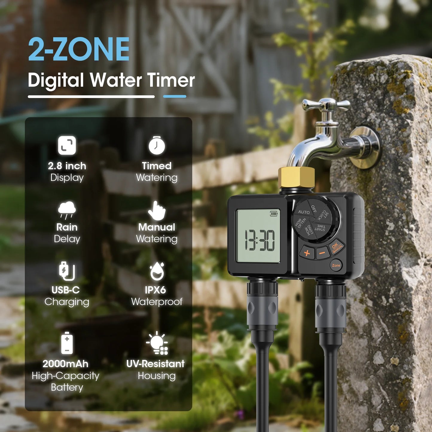 INSOMA IPX6 Garden Water Timer With Display USB C Rechargeable