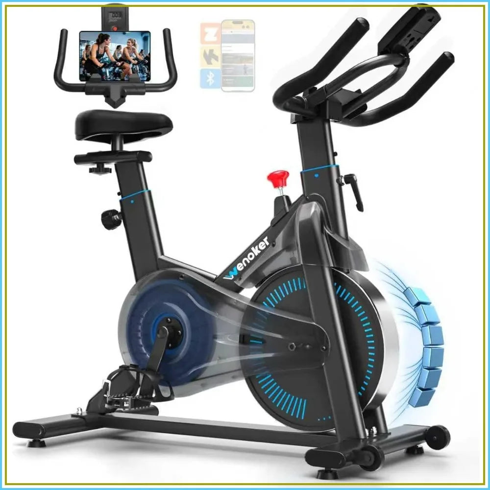 Exercise Bike, Magnetic Stationary Bike for Home with App Sync, Adjustable Seat and Handlebar, Transport Wheels, Fitness Courses for Weight Loss