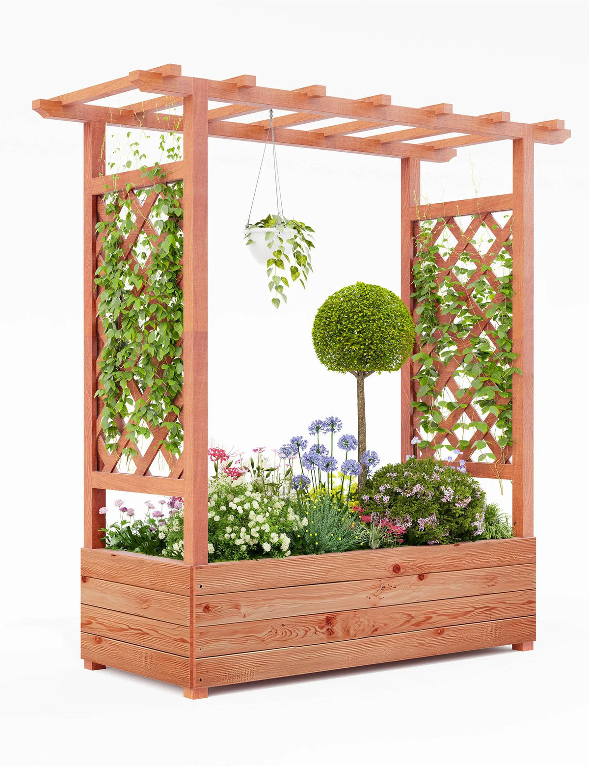 Elevated Wooden Raised Garden Bed with Trellis/Canopy/Drainage Hole Freestanding Planter Box for Climbing Plants Vines Blossoms