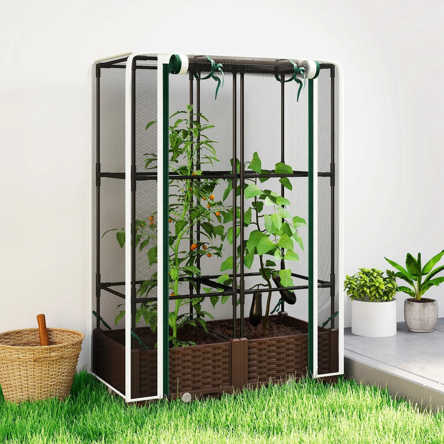 Raised Garden Bed With Trellis Tomato Cage And Crop Cage