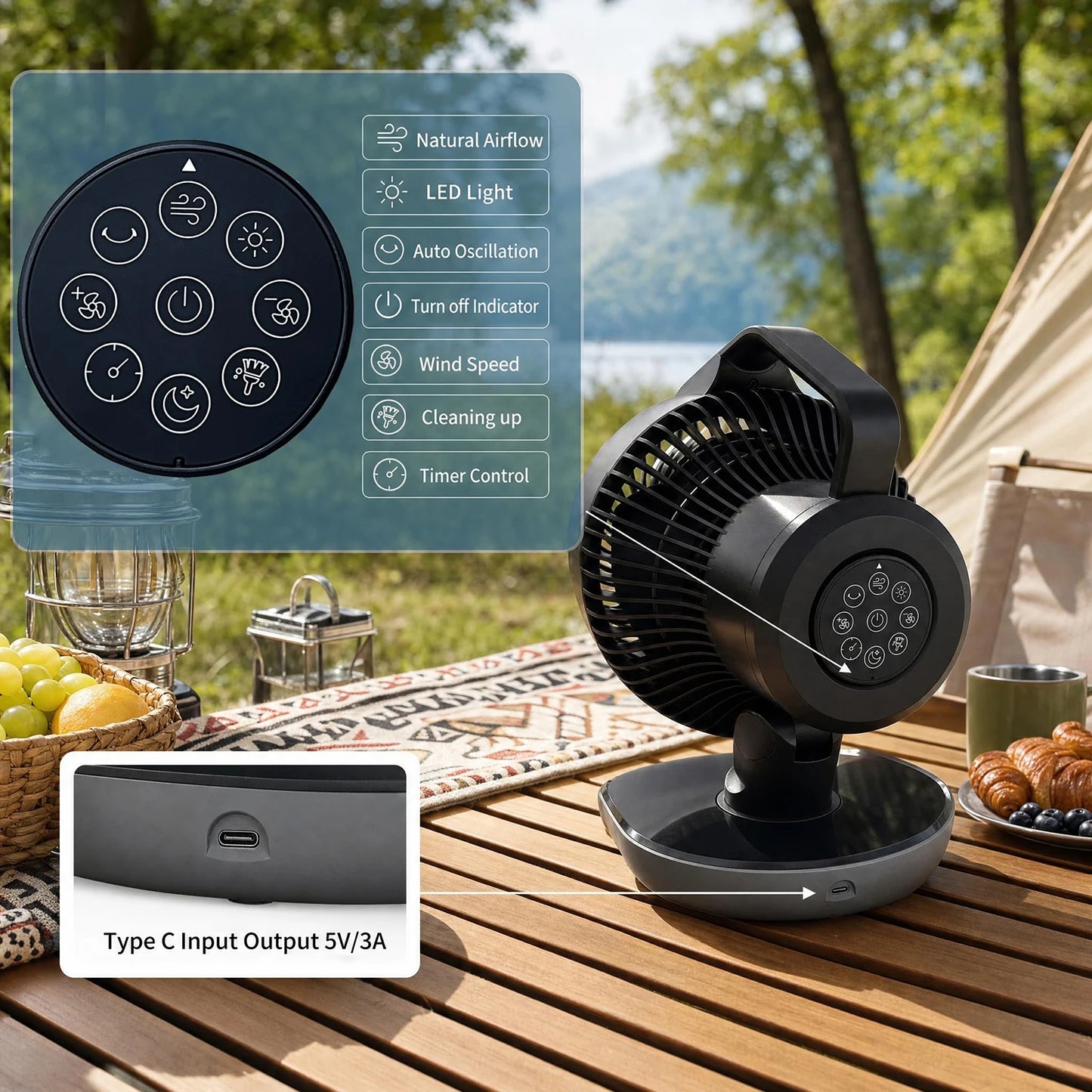 Portable Camping Fan 20000mAh Rechargeable Battery Fan With Remote Timer LED Light 5 Speeds Rotatable For Tent Travel Car Outdoor