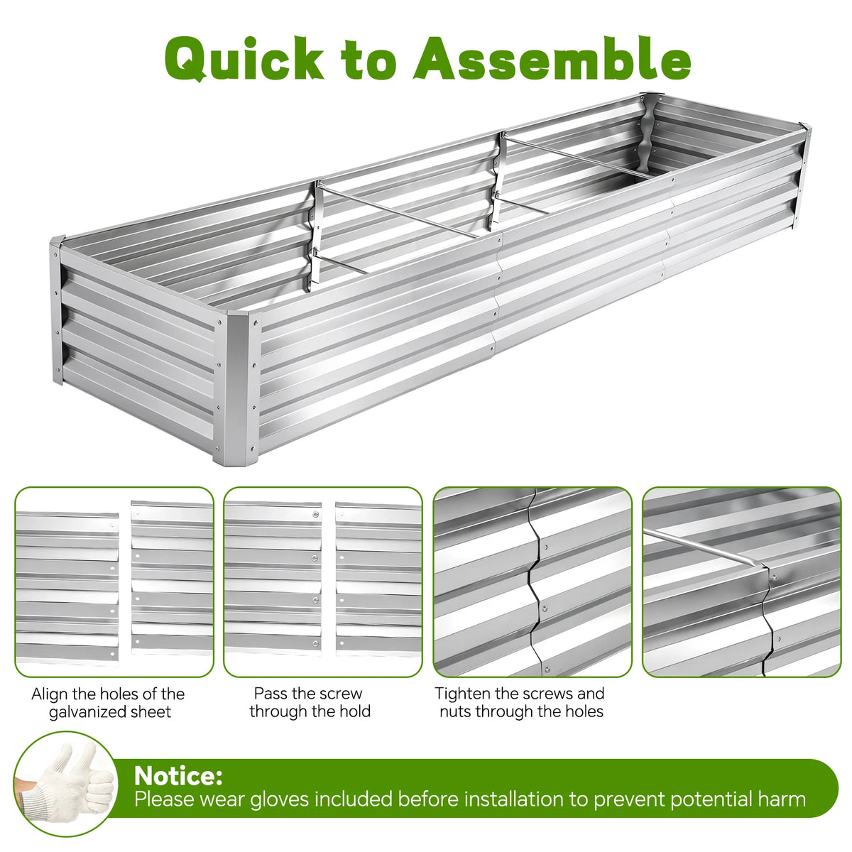 8×2×1ft Galvanized Metal Raised Garden Bed, 2FT Deep Root Elevated Planter Box Steel Large Vegetable Flower Bed Kit Light Green Silver