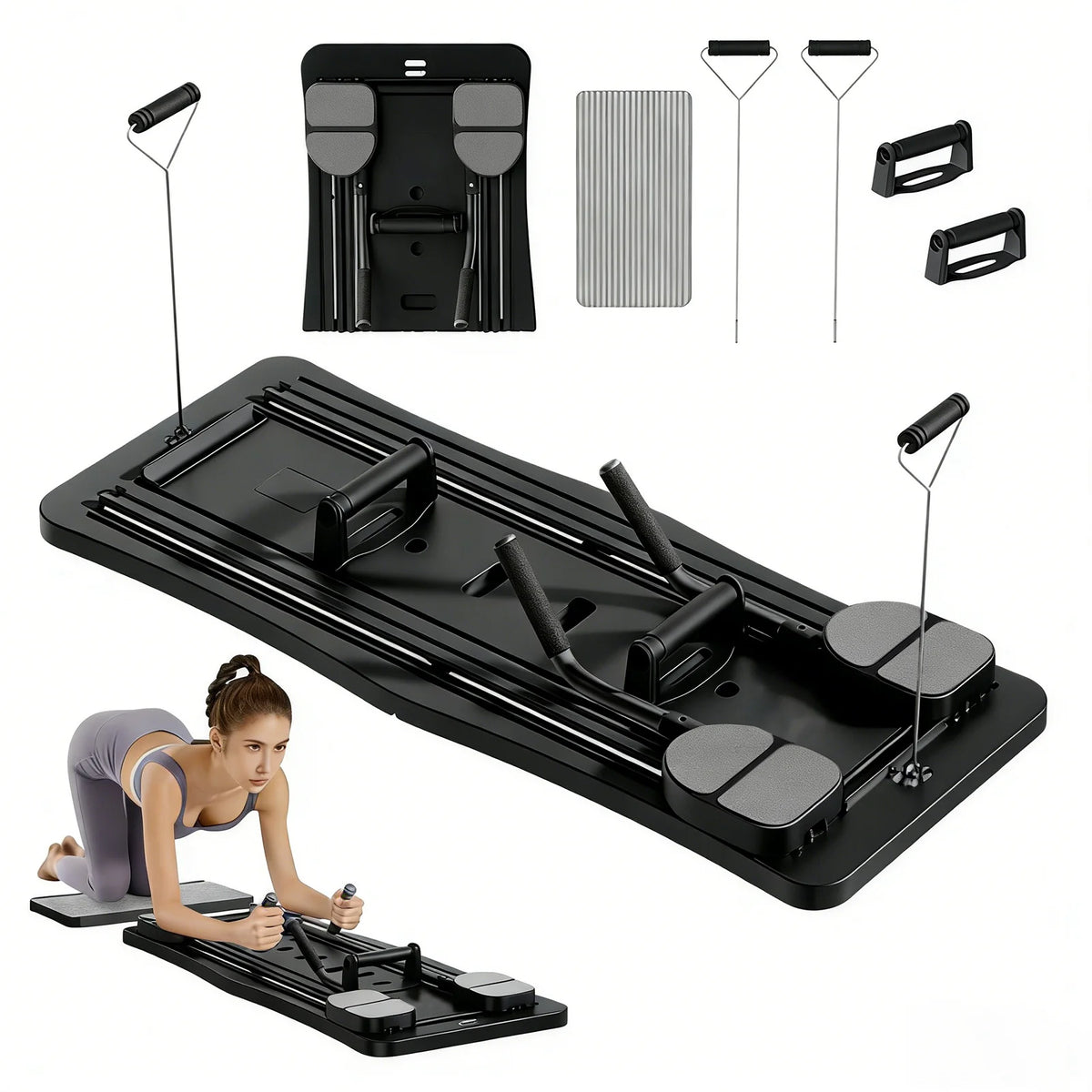 Foldable Multifunctional Home Workout Board, Portable Abdominal Core Trainer with Resistance Bands, Push‑Up Handles and Knee Pad, Full‑Body Home Fitness Equipment
