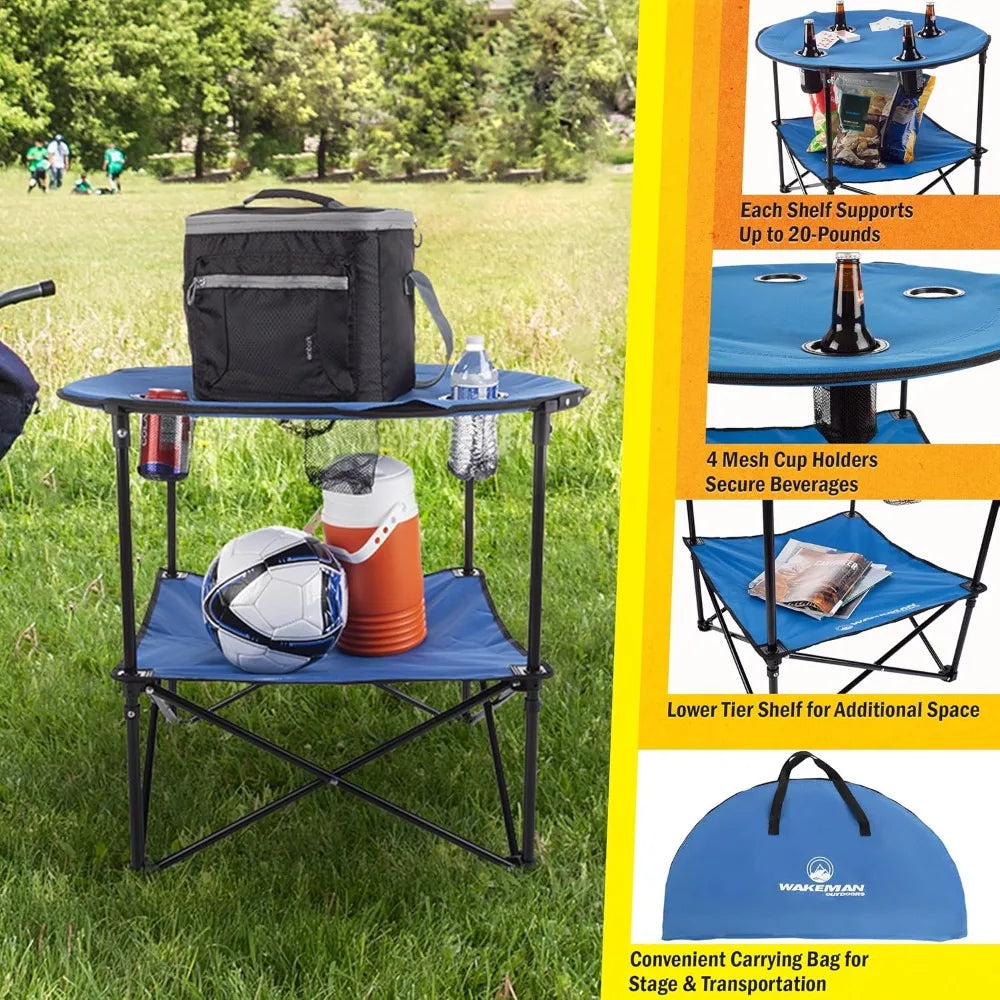 Round Two Tier Portable Folding Table With Cupholders Outdoor Use