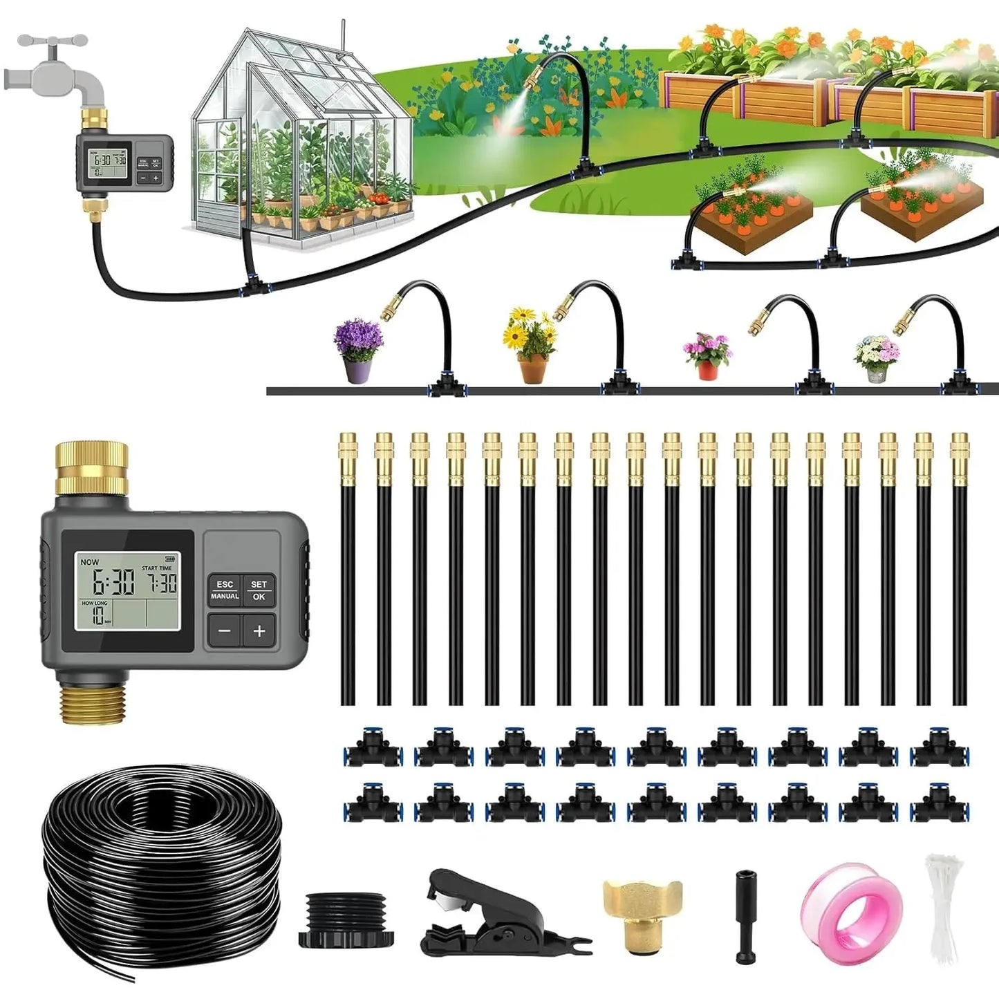 Drip Irrigation System With Smart Water Timer And Adjustable Nozzles