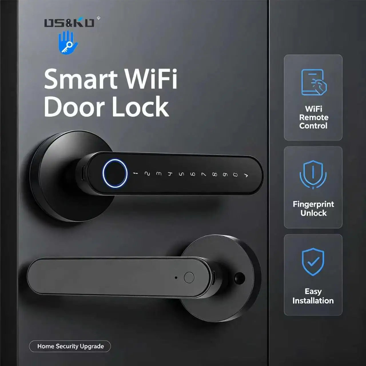 USA Standard Smart Lever Door Lock, Keyless Entry Fingerprint Handle Lock for Bedroom, Front Door & Apartment with Remote Passco