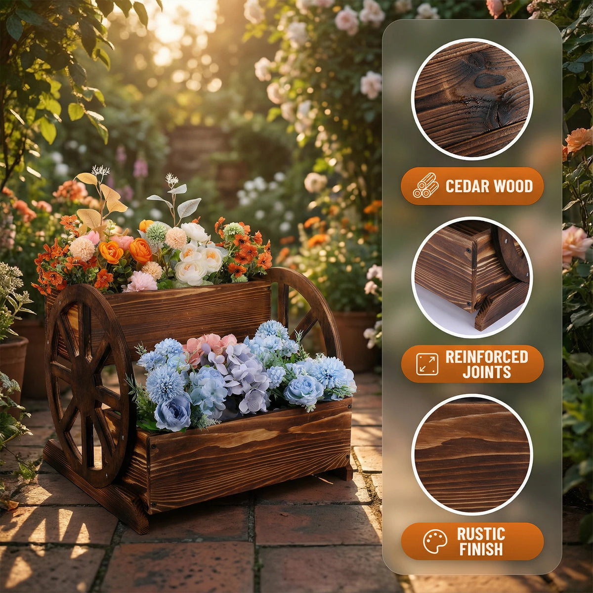 Wooden Wheelbarrow Planter with Wheels Decorative Plant Pot Flower Cart for Indoor Outdoor Patio Garden Balcony Backyard