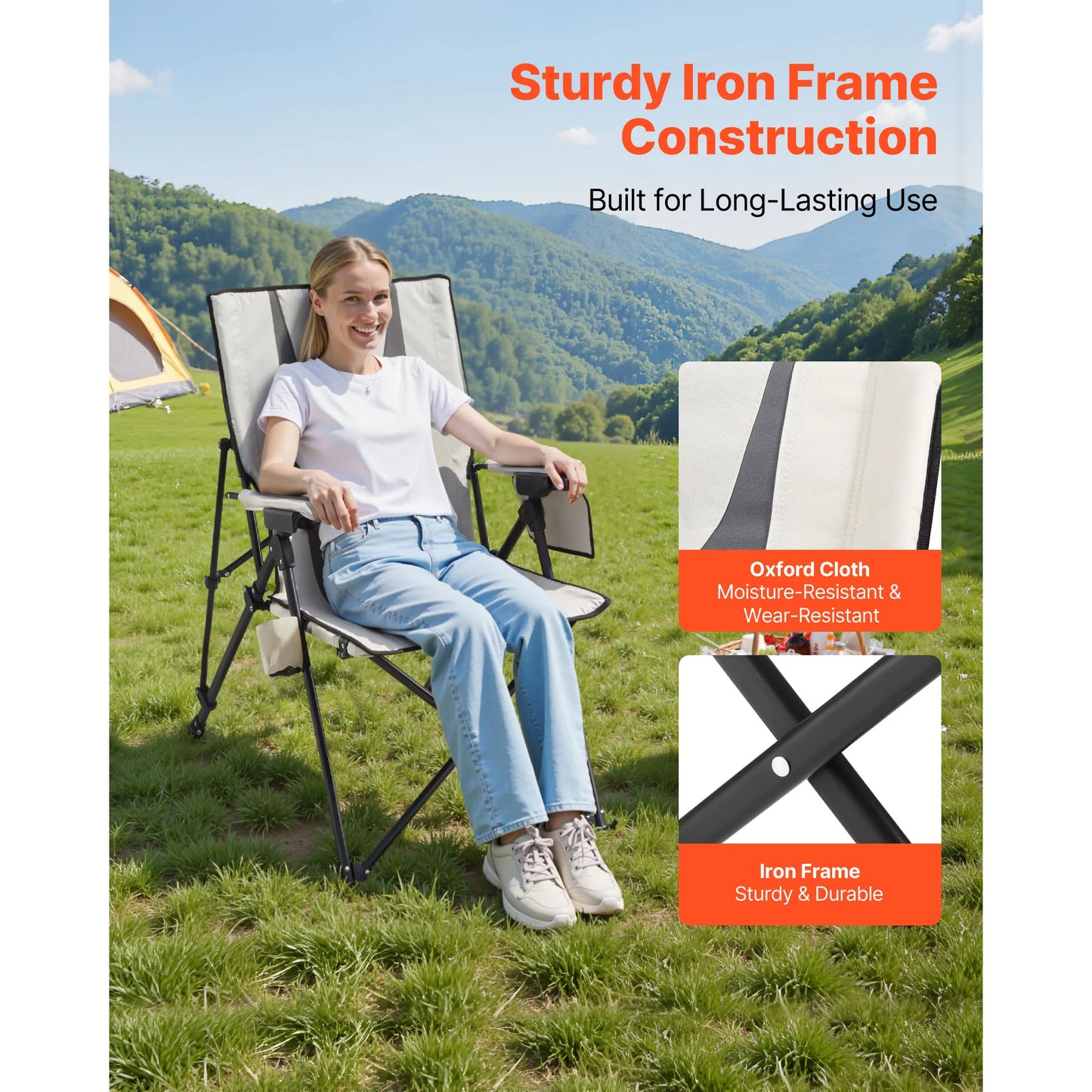 SucceBuy Folding Camping Chair, Outdoor High Back Chair Full Padded Beach Chairs with Armrest & Headrest Portable Lawn Chairs