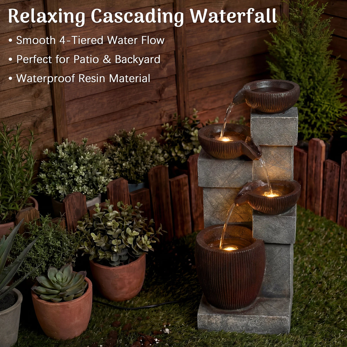 Plugin Powered 4-Tier Cascading Water Fountain with LED Lights, 14.8''W X 14.4''D X 31.5''H, Modern Stone & Bowl Resin Water Feature, Adjustable Flow Pump, Weather-Resistant for Patio, Backyard & Garden Decor