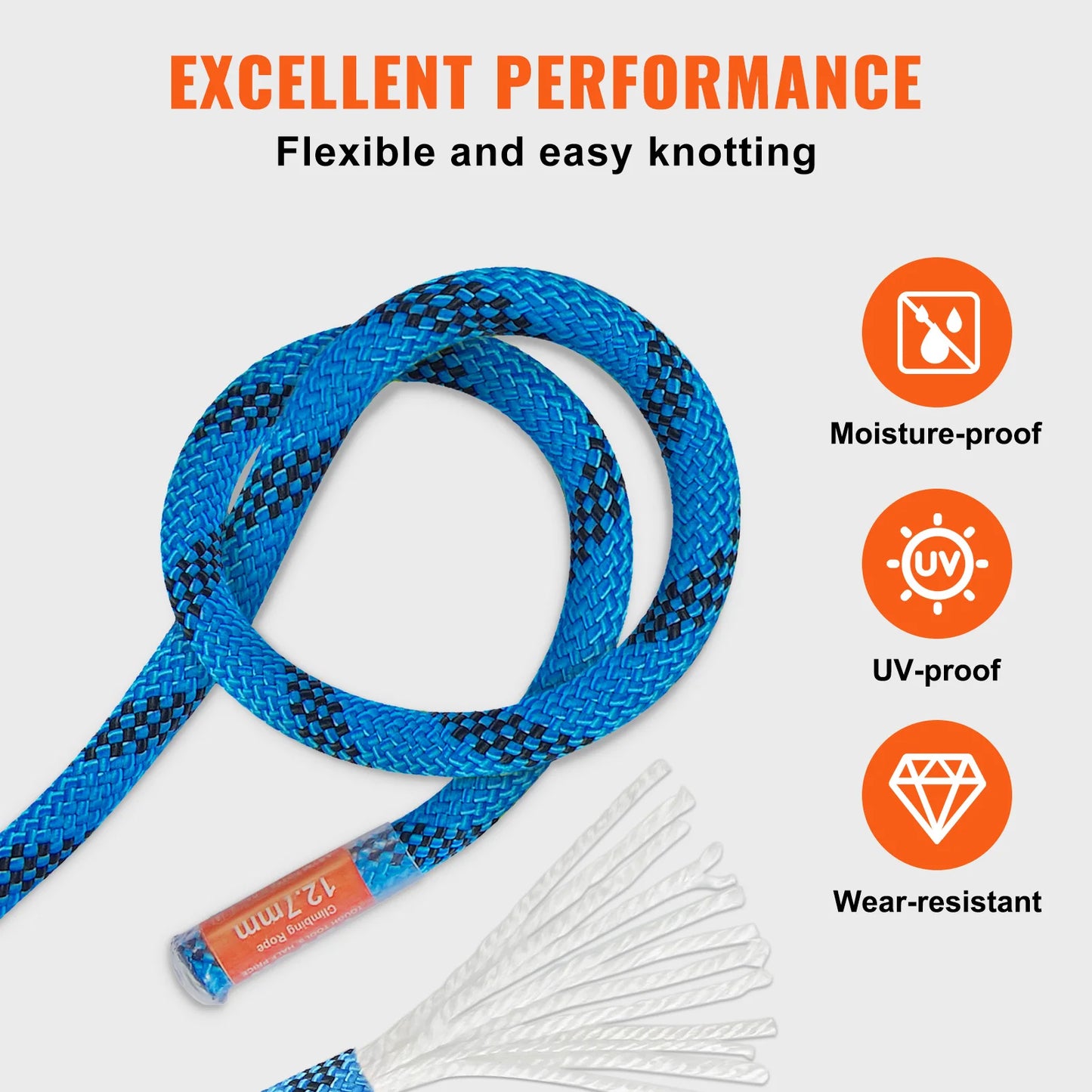 VEVOR Static Climbing Rope 32 Kilonewton Breaking Strength With Steel Snap Hooks