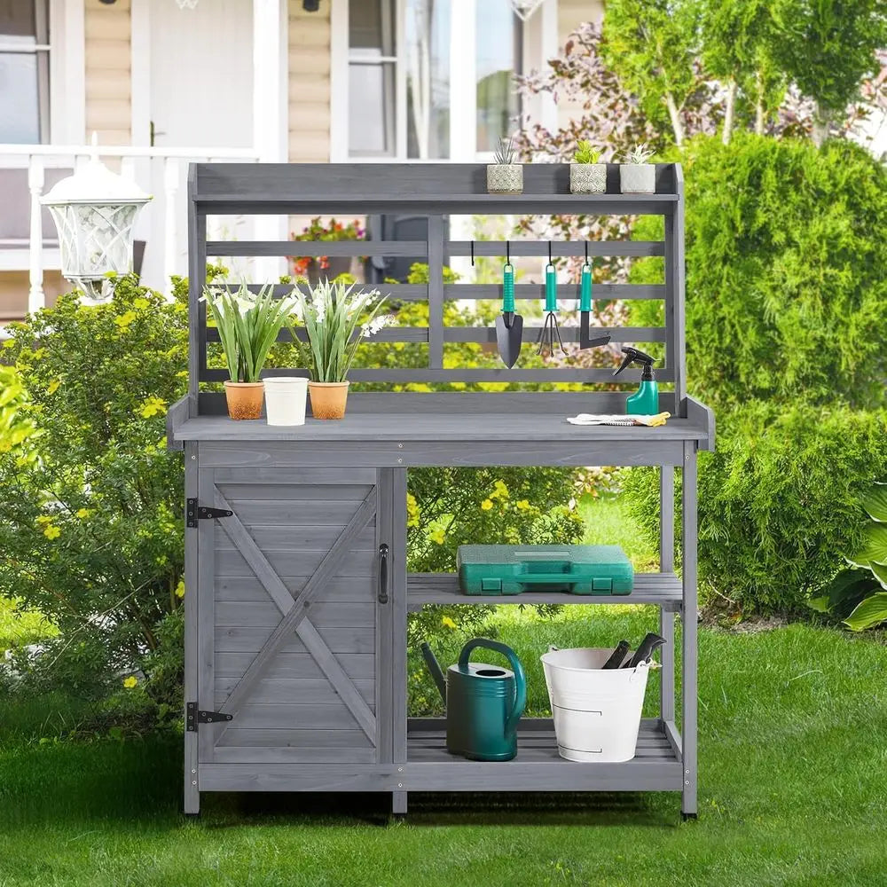 Outdoor Potting Bench Work Table With Storage Cabinet Shelves Planting