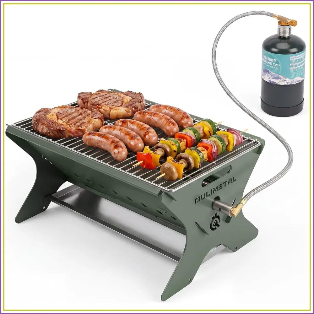Portable Camping Grill 3 In 1 Charcoal Wood Gas Stainless Steel Carry Bag