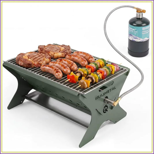 Portable Camping Grill 3 In 1 Charcoal Wood Gas Stainless Steel Carry Bag
