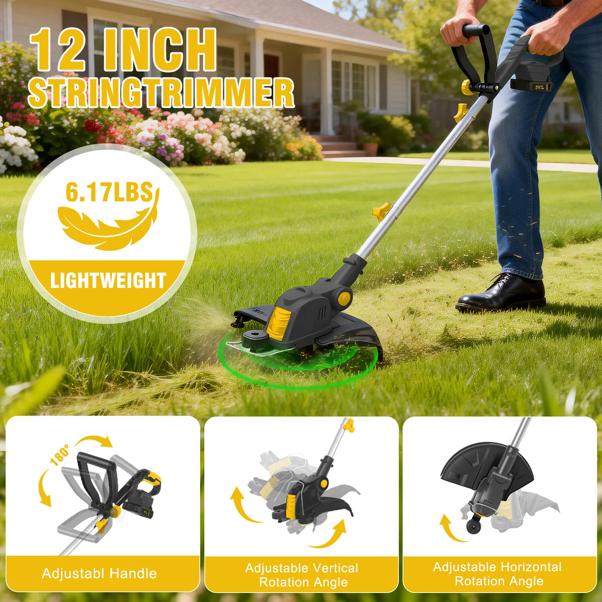 3 In1 Cordless String Trimmer 12-Inch 90° Rotatable Electric Lawn Mower Lightweight Brushless 9650RPM 10 Spools 2x2.0Ah Batteries & Charger for Lawn Garden Power Tool