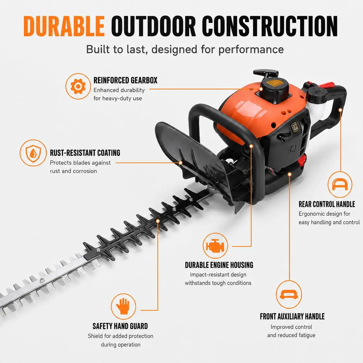 26CC Gas Hedge Trimmer 24 Inch Dual Action Blade Long Reach Cordless 2 Cycle Engine For Bushes Shrubs Branches Yard Garden Care