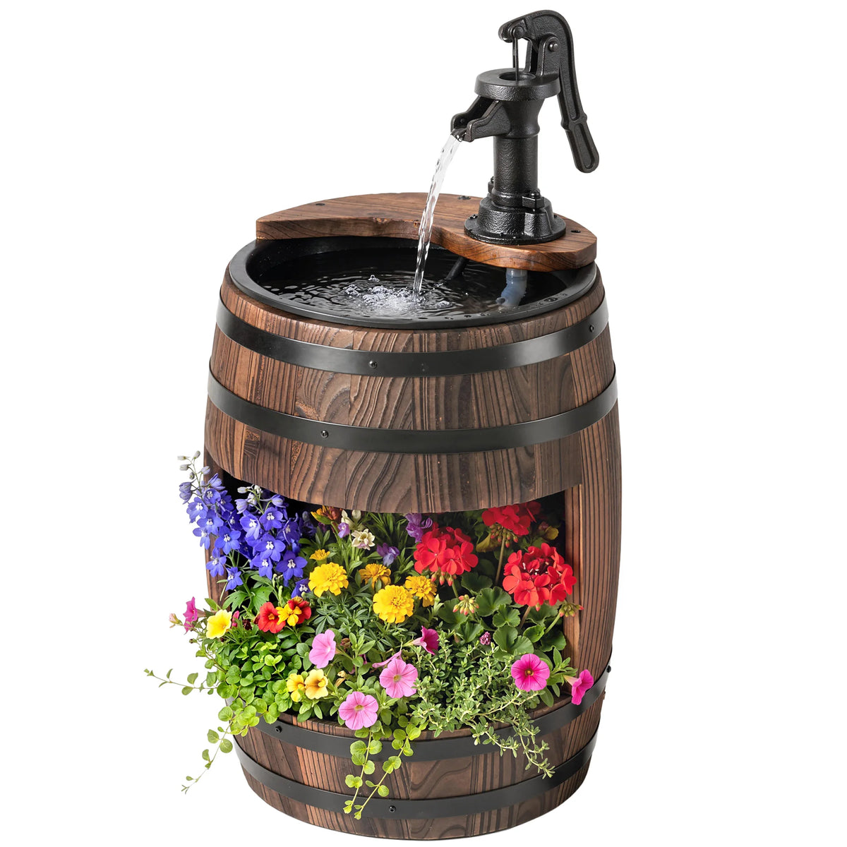2 Tiers Outdoor Wooden Water Pump Fountain, Patio Decor, Durable Sturdy