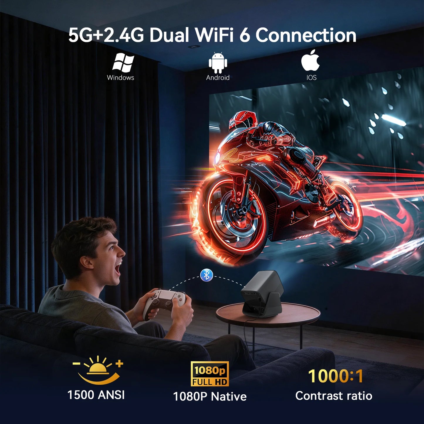 X5AR 8K Decoding Projector Native 1080P, Android 14 5G WiFi 6 BT5.4, Smart Auto Keystone Portable for Home Theater & Camping